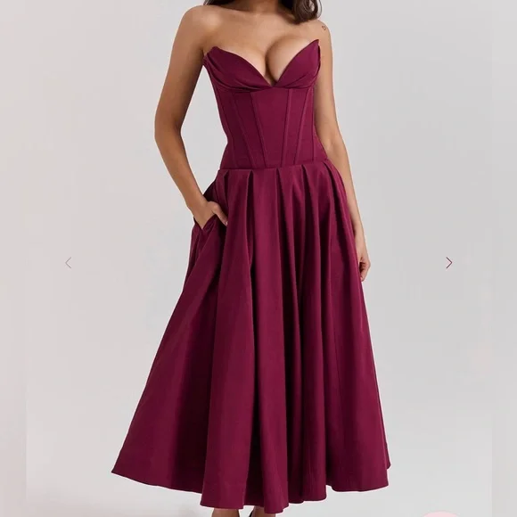 House of CB LADY Wine Strapless Midi Dress - Picture 1 of 4